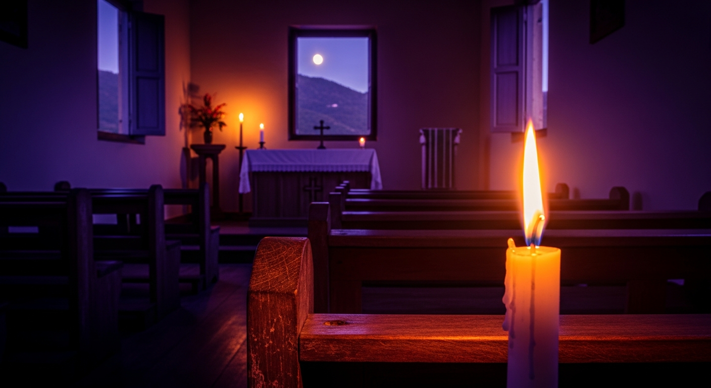 A candle flame illuminating a dark Caribbean landscape